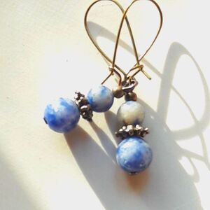 Artisan bohemia 479#NEW Sodalite blue gemstone earrings Antique.BronzeSemi-hoops